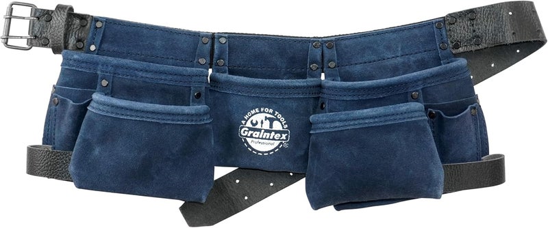 Graintex DS2525 :: 9 Pocket Children Tool Belt Navy Blue Color Suede Leather, Kids Real Tool Belt, Boys and Girls Tool Apron for Home Improvement, 1.1/2" Leather Belt, Hammer Loops - Image 1